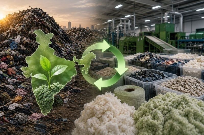 Textilabfälle, Recyclinganlage und grüne Kreislaufgrafik mit Pflanzenmotiv